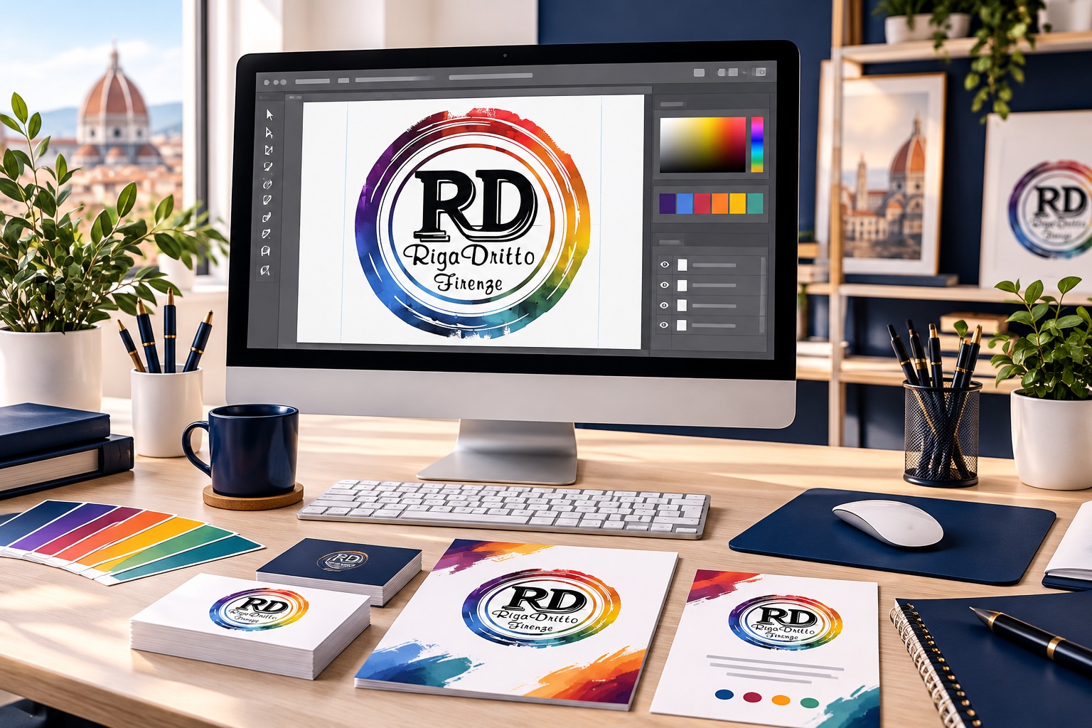 Esempio illustrativo di progettazione grafica coordinata con il logo Riga Dritto