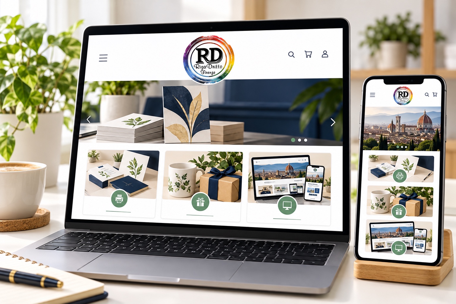Esempio grafico di sito responsive Riga Dritto su computer e smartphone