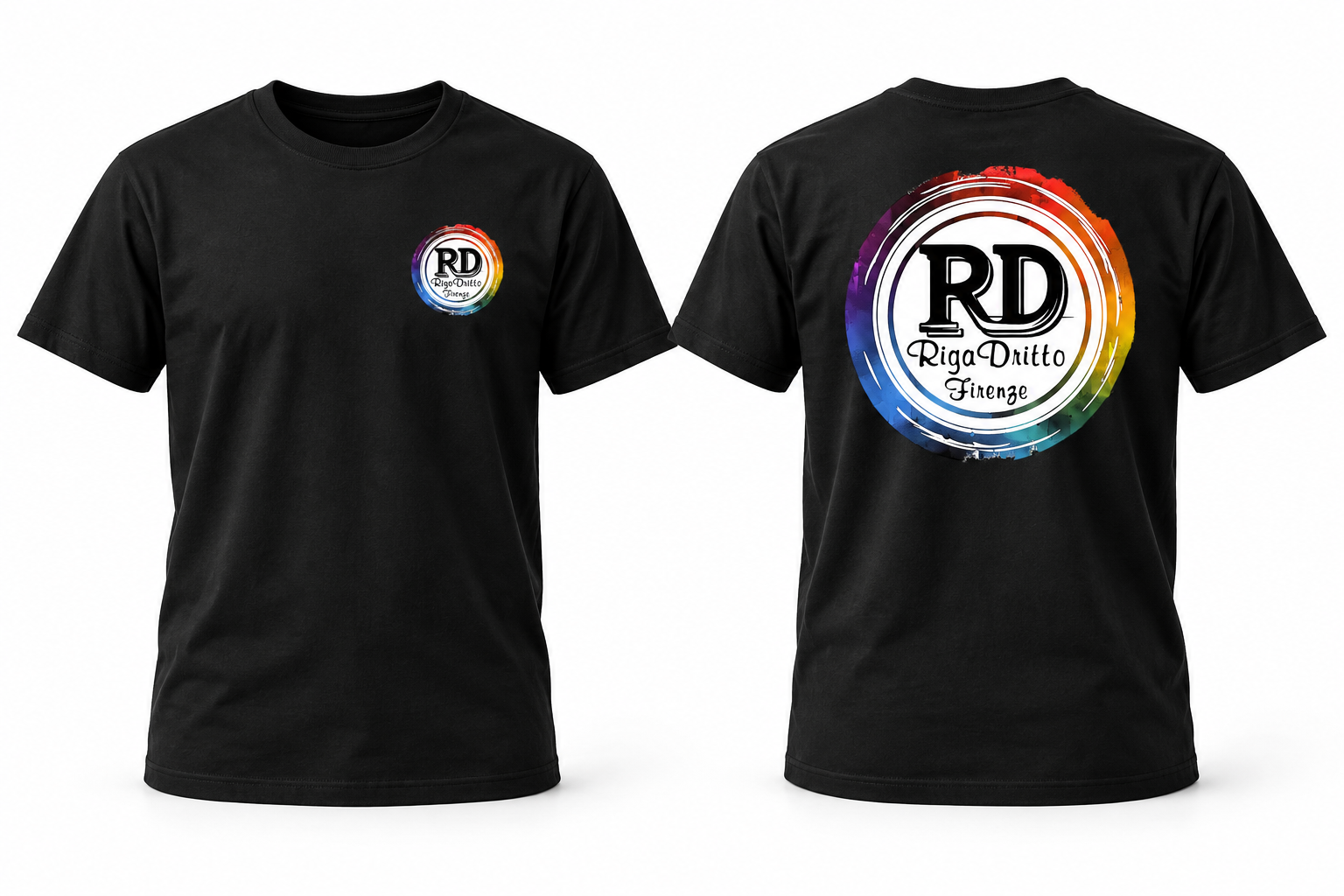 Mockup dimostrativo di t-shirt nera personalizzata con logo Riga Dritto sul petto e sul retro